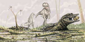 Koumpiodontosuchus reconstruction, again by Mark Witton. Also, casual Neovenators in the back there.